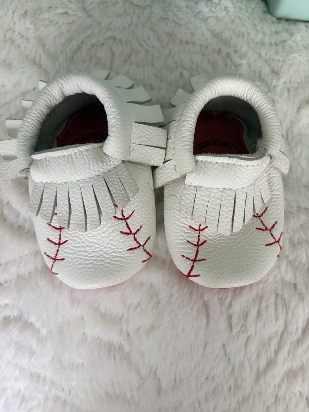 Home Run Baseball BirdRock Baby Leather Fringe Baby Moccasins Sz 3 Slip on cute